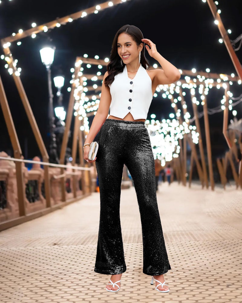 GRAPENT Women's Sequin Pants Womens Pull on Pants Casual Date Night Outfit for Women Women Trendy Elastic Waist Retro for Sequin Pant Trousers Black Size Medium 8 to 10 - Image 5