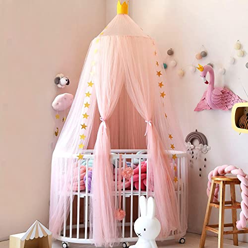 Pinkrin Bed Canopy for Girls, Canopy for Girls Room with Stars Decor, Dreamy Crib Canopy for Girls-Soft, Flowy & Easy to Install-Princess Canopy for Girls Bed, Reading Nook, Crib, Pink - Image 3