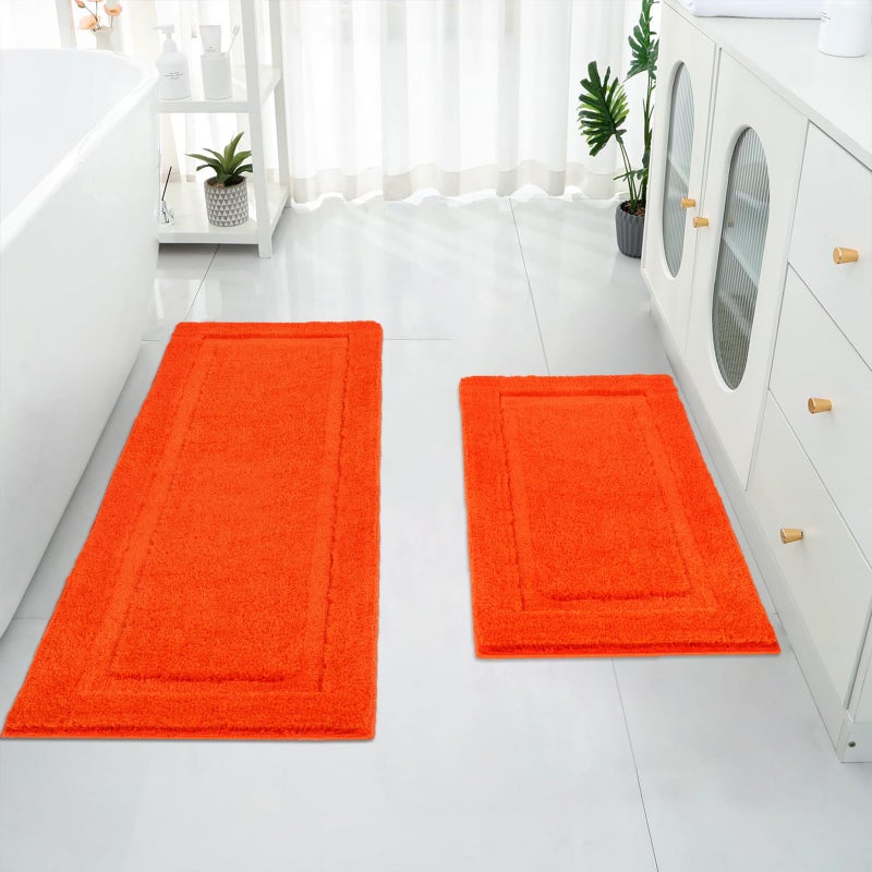 SHACOS Super Soft Bathroom Runner Rugs Set of 2 Pieces 47x20  32x20 inch Non Slip Washable Bath Runner Bath Mats Plush Bath Rug Runners Absorbent Bathroom Carpet Orange