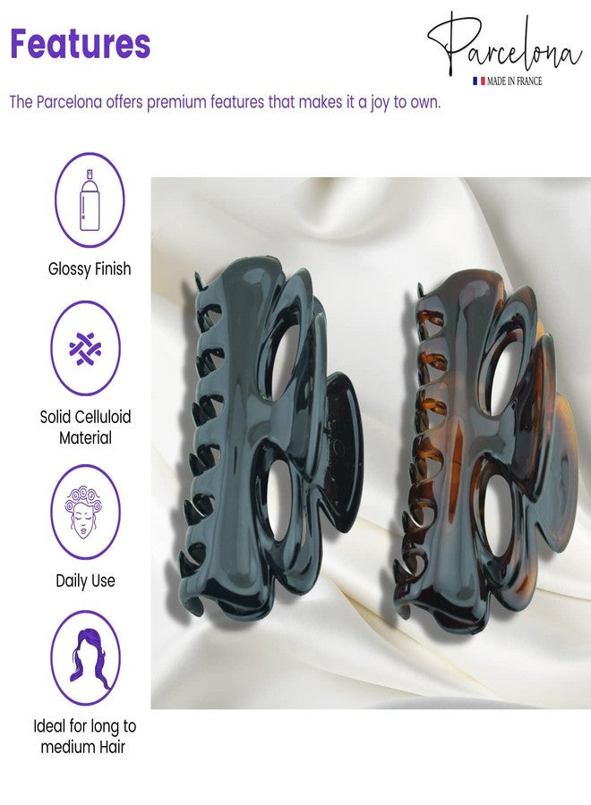 Parcelona French Chat Yeux 3 1/2" Shell and Black Celluloid Set of 2 Non Slip Hair Claw Clips for Women, Made in France - Image 2