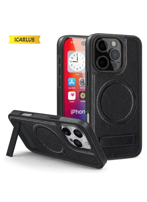 For iPhone 16 Pro Case Compatible with MagSafe Slim-Fit PU Leather Coated TPU + PC Shell - Black