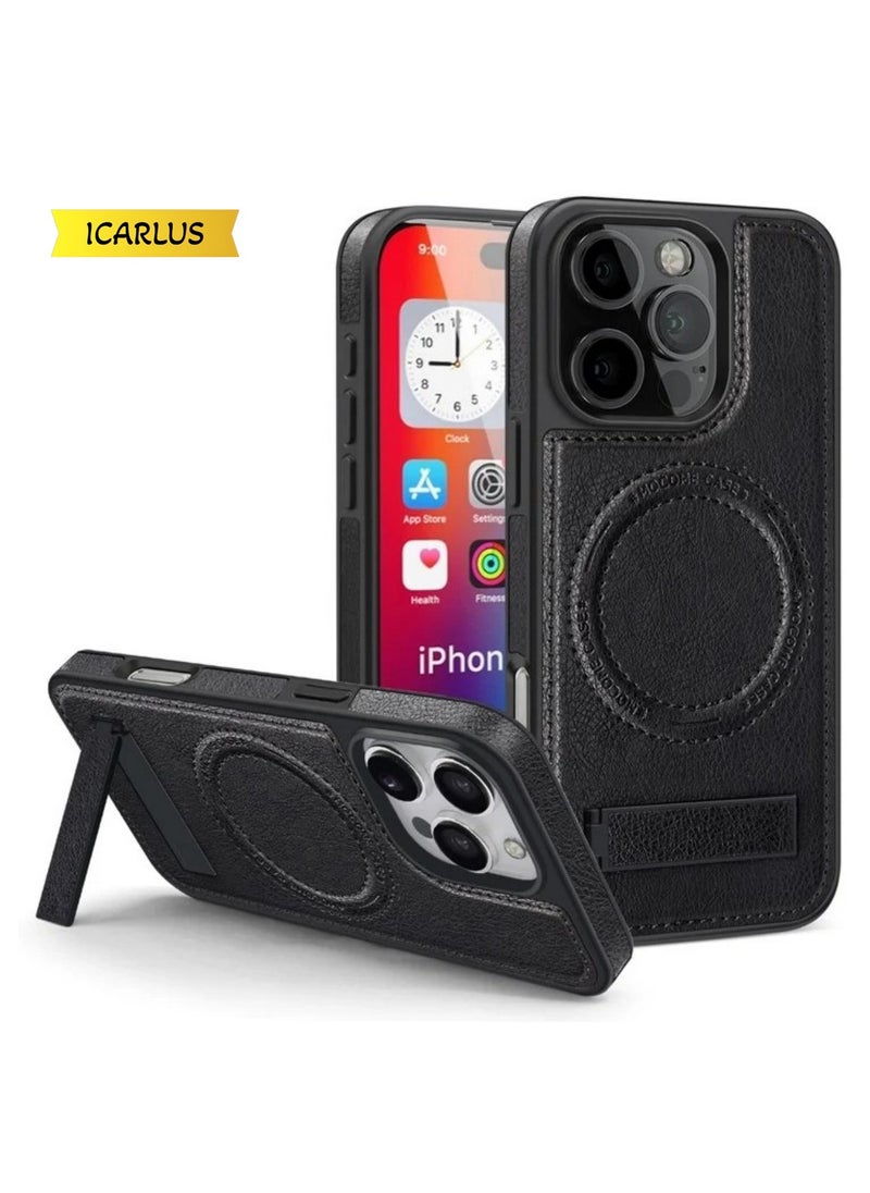 ICARLUS For iPhone 16 Pro Case Compatible with MagSafe Slim-Fit PU Leather Coated TPU + PC Shell - Black  - Image 1