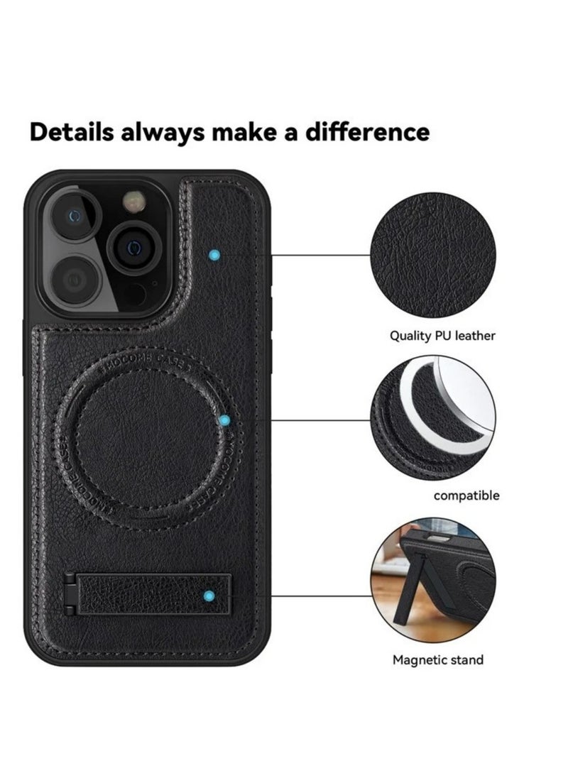 ICARLUS - For iPhone 16 Pro Case Compatible with MagSafe Slim-Fit PU Leather Coated TPU + PC Shell - Black - Image 1