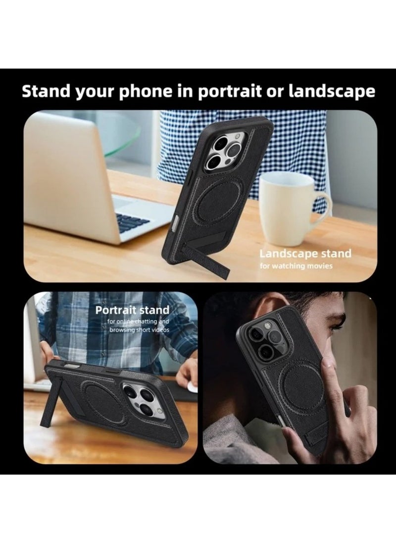 ICARLUS For iPhone 16 Pro Case Compatible with MagSafe Slim-Fit PU Leather Coated TPU + PC Shell - Black  - Image 5