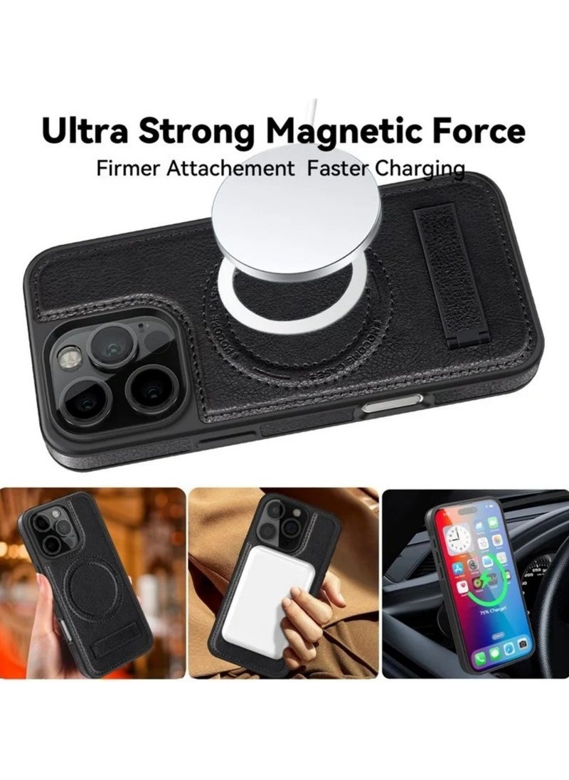 ICARLUS For iPhone 16 Pro Case Compatible with MagSafe Slim-Fit PU Leather Coated TPU + PC Shell - Black  - Image 2