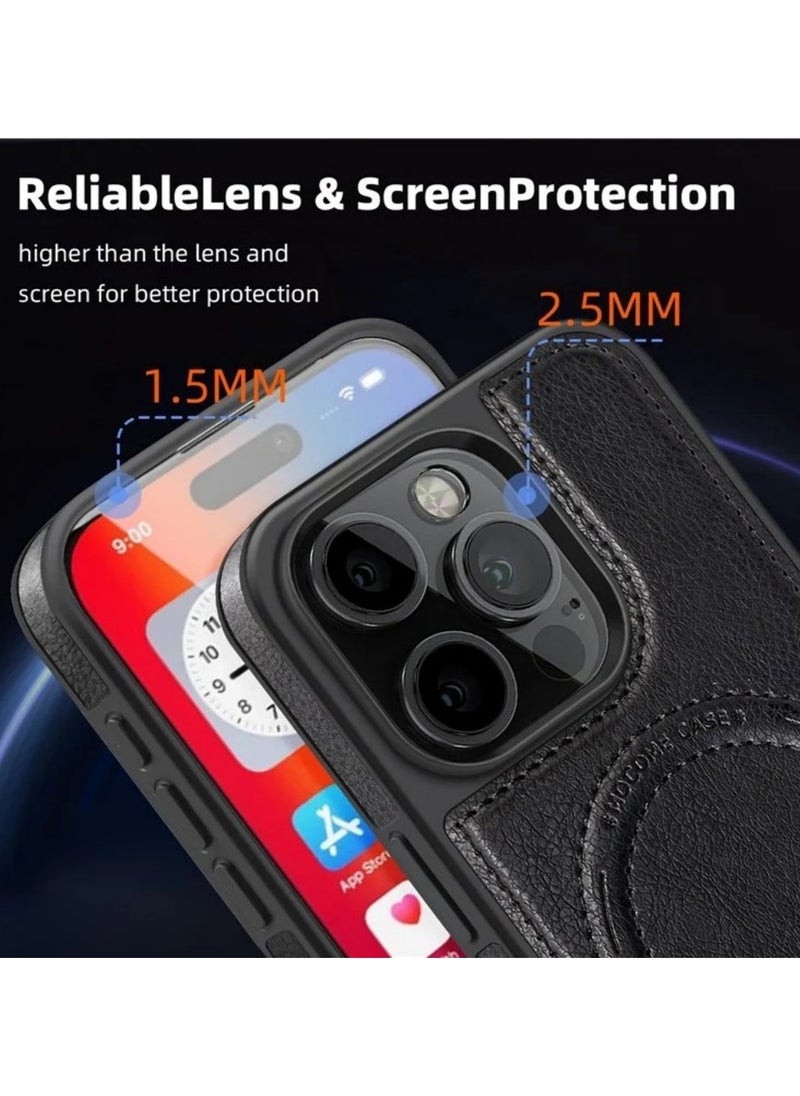 ICARLUS For iPhone 16 Pro Case Compatible with MagSafe Slim-Fit PU Leather Coated TPU + PC Shell - Black  - Image 4