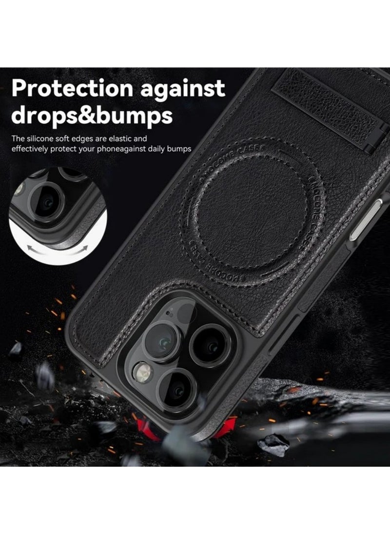 ICARLUS For iPhone 16 Pro Case Compatible with MagSafe Slim-Fit PU Leather Coated TPU + PC Shell - Black  - Image 3