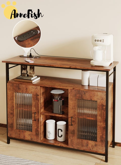 100*35*85cm Coffee Corner Cabinet with Power Outlet Console Table Sideboard Table Kitchen Bakers Rack Coffee Bar Display Cabinet With Acrylic Door For Kitchen And Living Room Entryway Dining Room