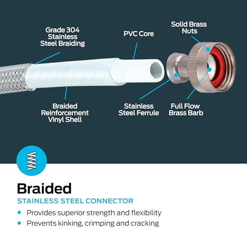 Eastman Washing Machine Connector, 3/4 Inch FHT Connection, 90 Degree Elbow, 5 Foot Braided Stainless Steel Washing Machine Hoses, 48375 - Image 4