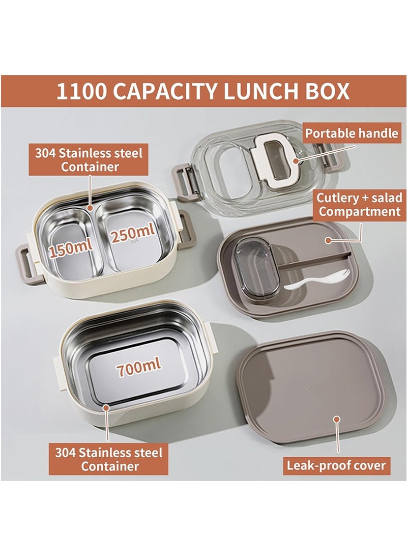 Yoawllty Lunch Box with Insulated Lunch Bag and Cutlery, Leakproof Bento Box, Stainless Steel Lunch Box Set(Double Layer Beige)  - Image 3