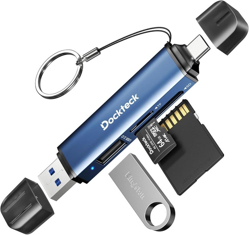 دوكتيك محول قارئ بطاقات SD من Dockteck، قارئ بطاقات SD/TF بسرعة عالية 5G وبتقنية USB3.0، يحتوي على 3 فتحات لقراءة بطاقات USB A/C إلى بطاقات SD/Micro SD/USB A، يدعم تقنية OTG للتوصيل الفوري (Plug&Play). - Image 1