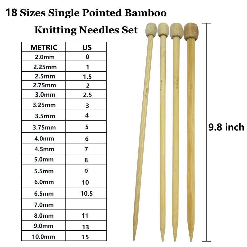 Hobekoee Knitting Needles Set,36 PCS 9.8" Straight Single Pointed Bamboo Knitting Needles ï¼† 18 Pairs 31.5â€ Bamboo Circular Knitting Needles Set with Colorful Plastic Cable,18 Sizes: 2mm-10mm - Image 2