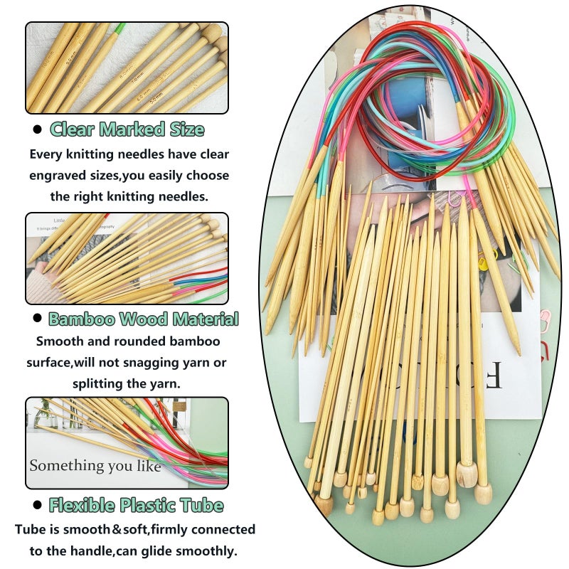 Hobekoee Knitting Needles Set,36 PCS 9.8" Straight Single Pointed Bamboo Knitting Needles ï¼† 18 Pairs 31.5â€ Bamboo Circular Knitting Needles Set with Colorful Plastic Cable,18 Sizes: 2mm-10mm - Image 4
