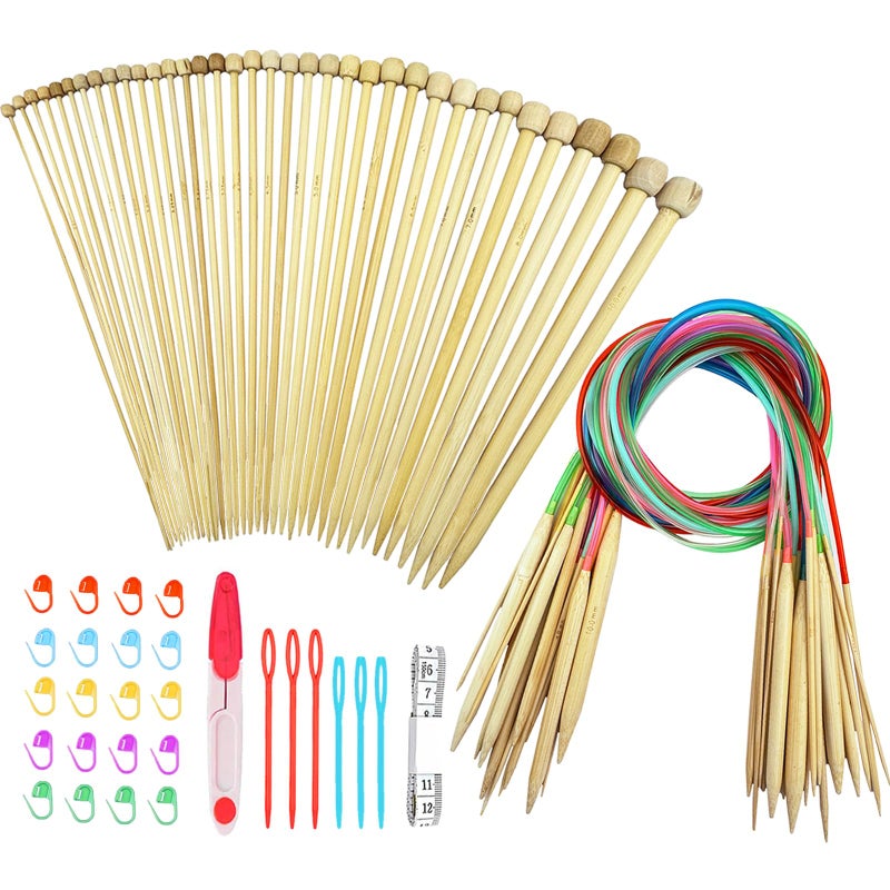 Hobekoee Knitting Needles Set,36 PCS 9.8" Straight Single Pointed Bamboo Knitting Needles ï¼† 18 Pairs 31.5â€ Bamboo Circular Knitting Needles Set with Colorful Plastic Cable,18 Sizes: 2mm-10mm - Image 1