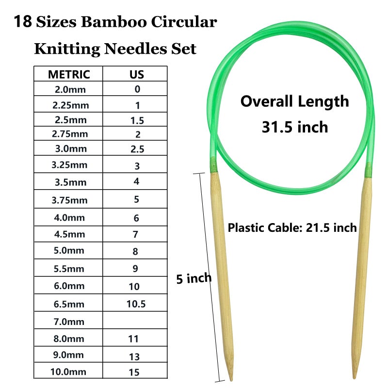 Hobekoee Knitting Needles Set,36 PCS 9.8" Straight Single Pointed Bamboo Knitting Needles ï¼† 18 Pairs 31.5â€ Bamboo Circular Knitting Needles Set with Colorful Plastic Cable,18 Sizes: 2mm-10mm - Image 3