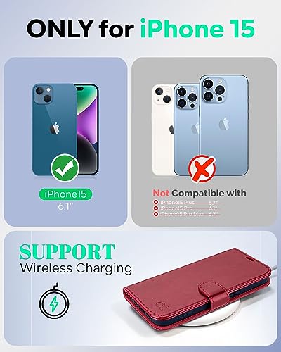 OCASE Compatible with iPhone 15 Wallet Case, PU Leather Flip Folio Case with Card Holders RFID Blocking Kickstand [Shockproof TPU Inner Shell] Phone Cover 6.1 Inch 2023, Red - Image 2