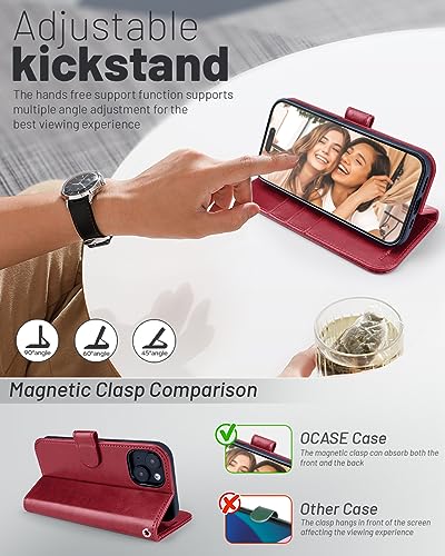 OCASE Compatible with iPhone 15 Wallet Case, PU Leather Flip Folio Case with Card Holders RFID Blocking Kickstand [Shockproof TPU Inner Shell] Phone Cover 6.1 Inch 2023, Red - Image 4