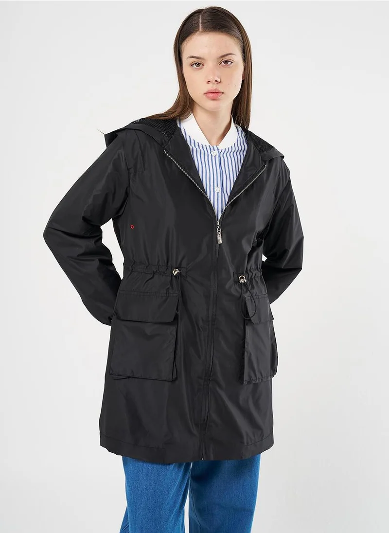 Kayra Mesh Detail Drawstring Waist Coat Black