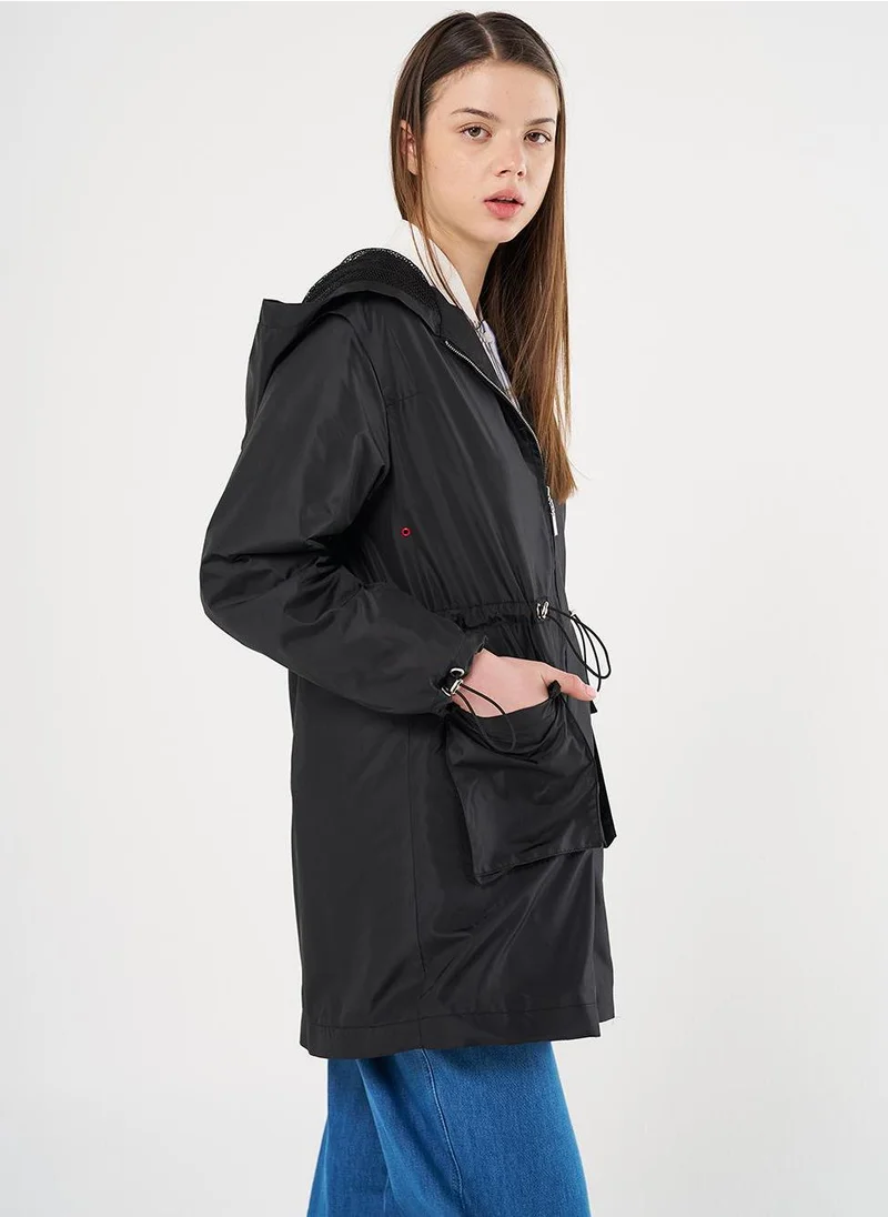 Kayra Mesh Detail Drawstring Waist Coat Black