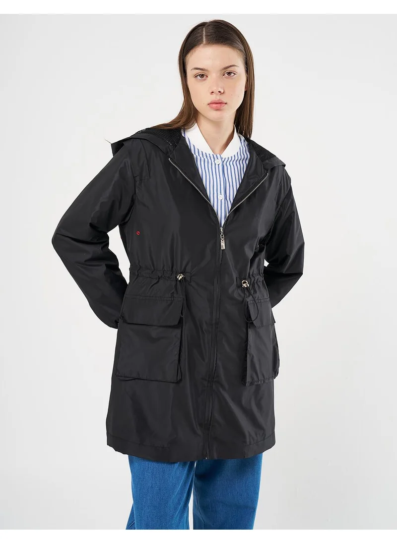 Kayra Mesh Detail Drawstring Waist Coat Black