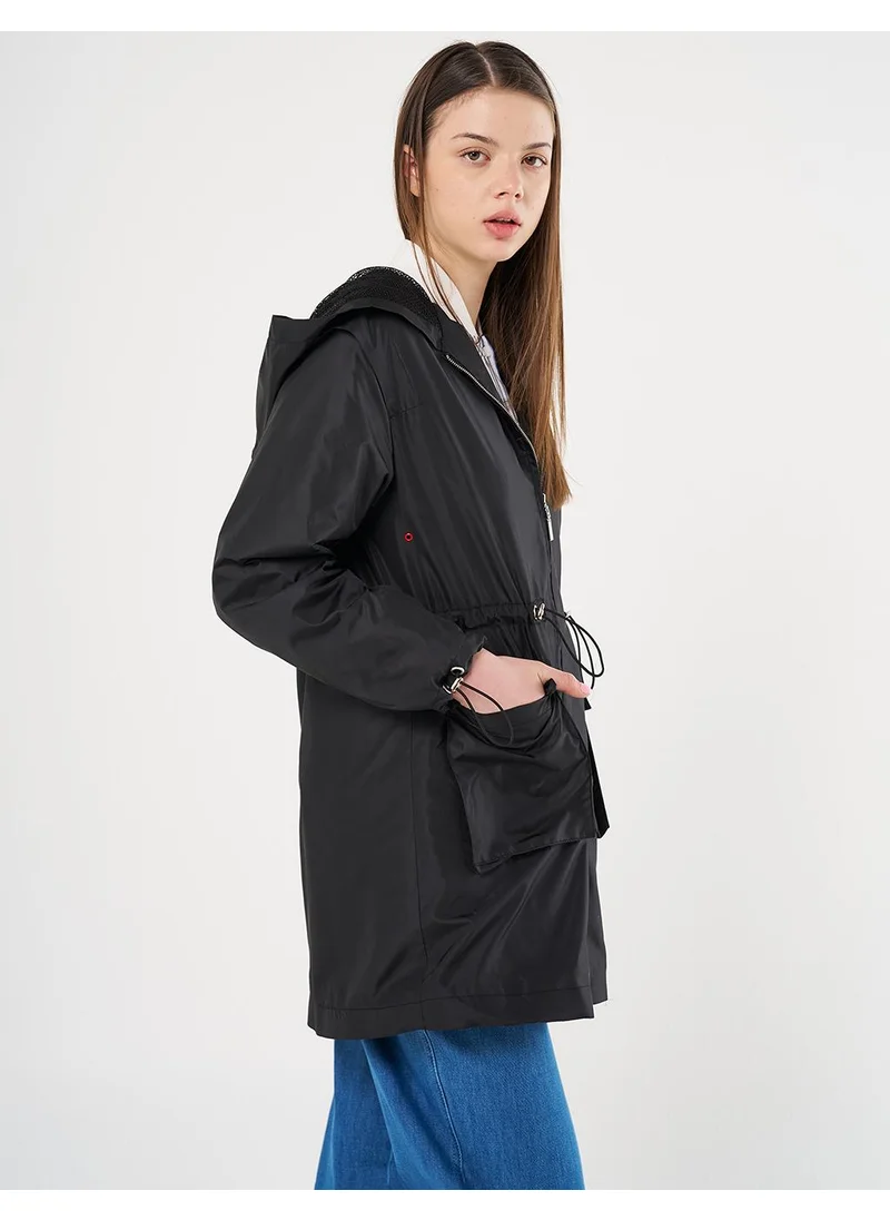 Kayra Mesh Detail Drawstring Waist Coat Black