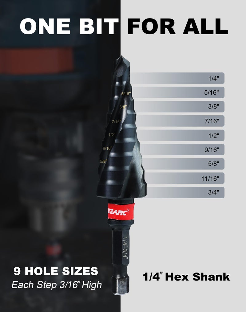 EZARC Step Drill Bit for Metal, M35 Cobalt Step Drill Spiral Flute Unibit Step Drill Bit (1/4''-3/4'') Wear-Resistant AlTiN Coated, 1/4" Hex Shank for Metal, Stainless Steel, Aluminum, Plastic - Image 5