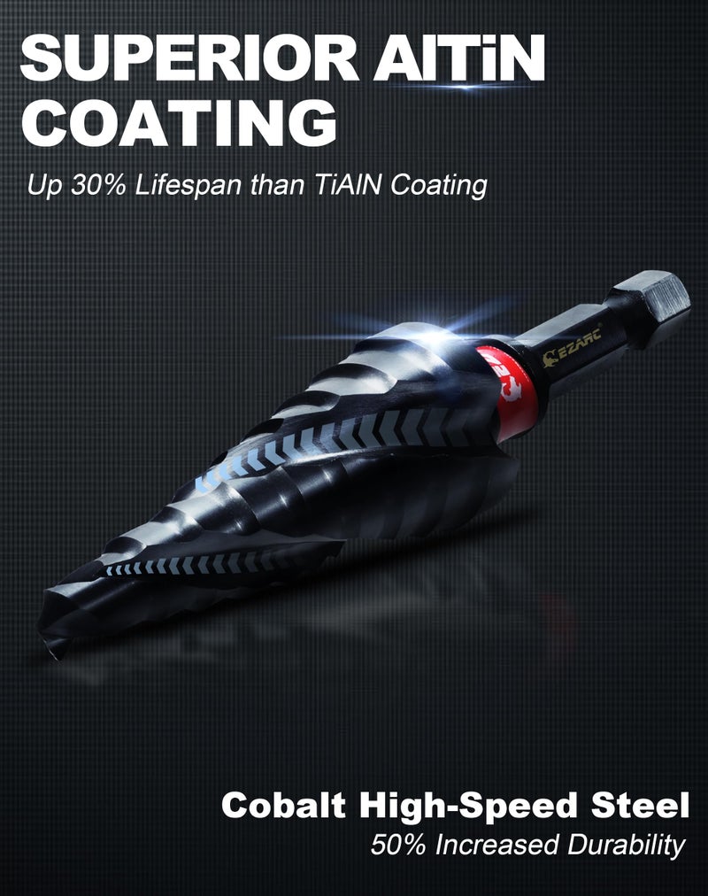 EZARC Step Drill Bit for Metal, M35 Cobalt Step Drill Spiral Flute Unibit Step Drill Bit (1/4''-3/4'') Wear-Resistant AlTiN Coated, 1/4" Hex Shank for Metal, Stainless Steel, Aluminum, Plastic - Image 2