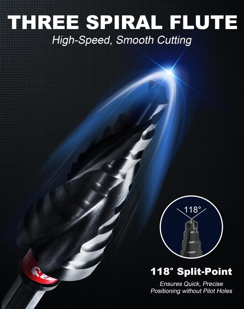 EZARC Step Drill Bit for Metal, M35 Cobalt Step Drill Spiral Flute Unibit Step Drill Bit (1/4''-3/4'') Wear-Resistant AlTiN Coated, 1/4" Hex Shank for Metal, Stainless Steel, Aluminum, Plastic - Image 4