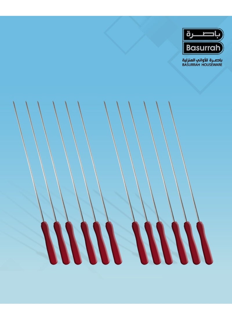 BASURRAH 12 pcs Stainless Steel Kebab Skewers with Wooden Handle and Reusable BBQ Needle  - Image 1