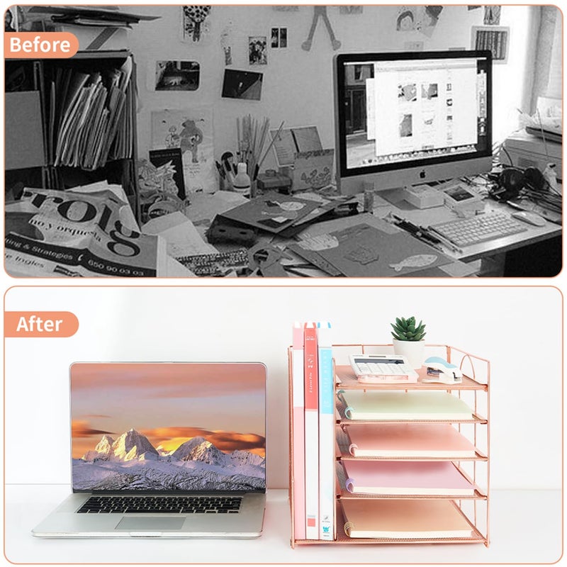 LEKETREE Desk Organizers and Accessories, 5-Tier Paper Letter Tray Organizer with File Holder, Desktop Organizer for Office Supplies (Rose Gold) - Image 2