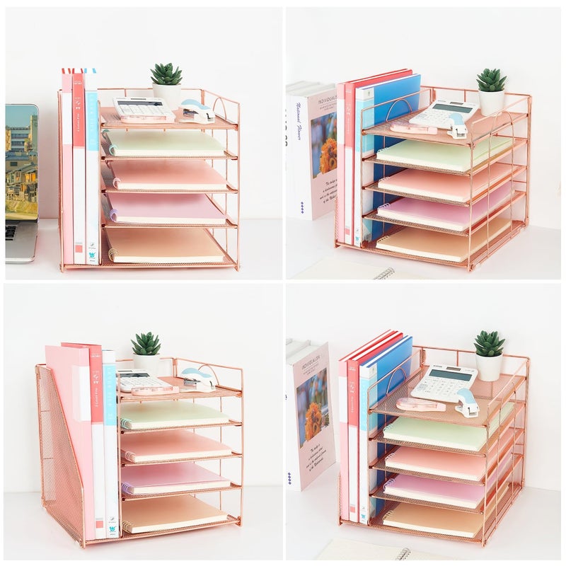 LEKETREE Desk Organizers and Accessories, 5-Tier Paper Letter Tray Organizer with File Holder, Desktop Organizer for Office Supplies (Rose Gold) - Image 5