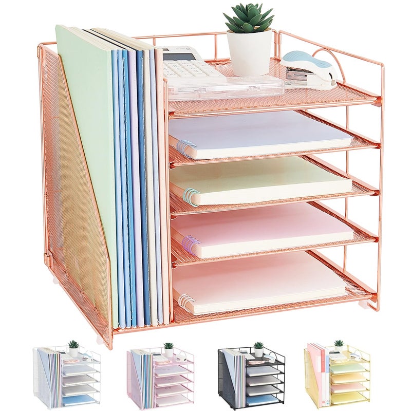 LEKETREE Desk Organizers and Accessories, 5-Tier Paper Letter Tray Organizer with File Holder, Desktop Organizer for Office Supplies (Rose Gold) - Image 1