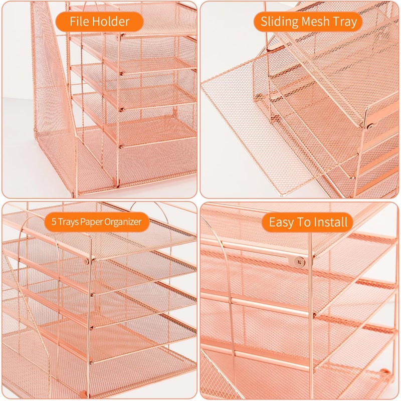 LEKETREE Desk Organizers and Accessories, 5-Tier Paper Letter Tray Organizer with File Holder, Desktop Organizer for Office Supplies (Rose Gold) - Image 3