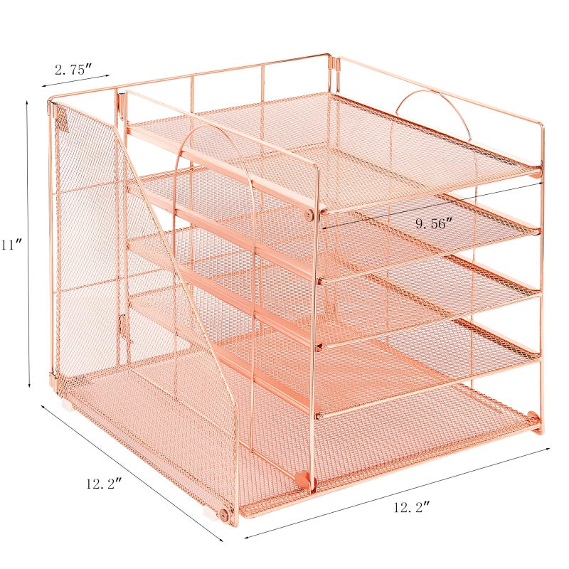 LEKETREE Desk Organizers and Accessories, 5-Tier Paper Letter Tray Organizer with File Holder, Desktop Organizer for Office Supplies (Rose Gold) - Image 4