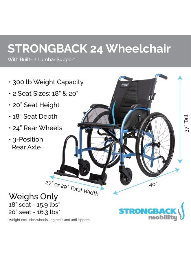 Strongback Mobility Lightweight Foldable Wheelchair, Built-in Adjustable Lumbar Support, Promotes a Healthy Spine, STRONGBACK 24, 18" Seat (24" Rear Wheels) - Image 3