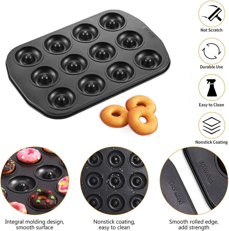 chefmade Mini Donut Baking Pans, Non-Stick 12-Cavity Donut Pan, Carbon Steel Cake Baking Pan - BPA Free Mini Bagel Pan, Oven, Microwave, Freezer Safe - Image 3
