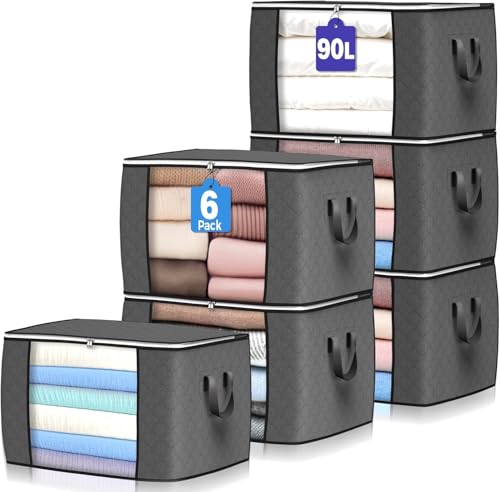 Budding Joy 90 لتر أكياس تخزين كبيرة 6 عبوات صناديق تخزين الملابس منظمين خزانة قابلة للطي حاويات تخزين مع مقبض معزز للملابس البطانيات الألحفة ملاءات السرير الوسائد والألعاب رمادي