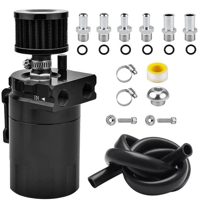 BOMLING Universal Baffled Oil Catch Can 300ml Polish Tank Kit With Breather filter Aluminum Engine Air Oil Separator Tank Reservoir Kit With 38 Fuel Line6 FittingsNecessary Accessories Black