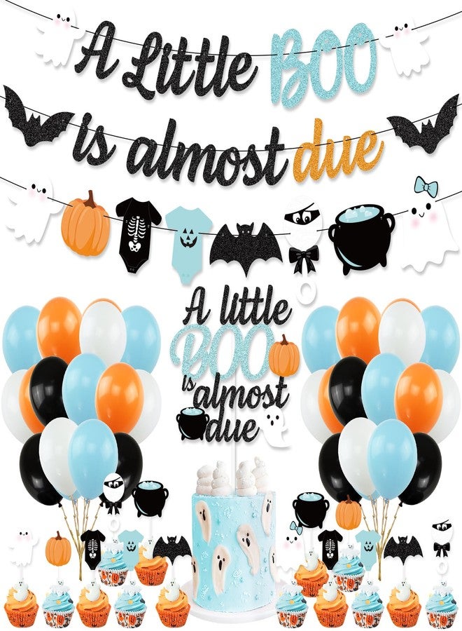 K KUMEED Blue Halloween Baby Shower Decorations, A Little Boo is Almost Due Banner,Cute Ghost Bat Pumpkin Cake Topper and Latex Balloons for kids Halloween Boo Baby Shower Party Supplies - Image 1
