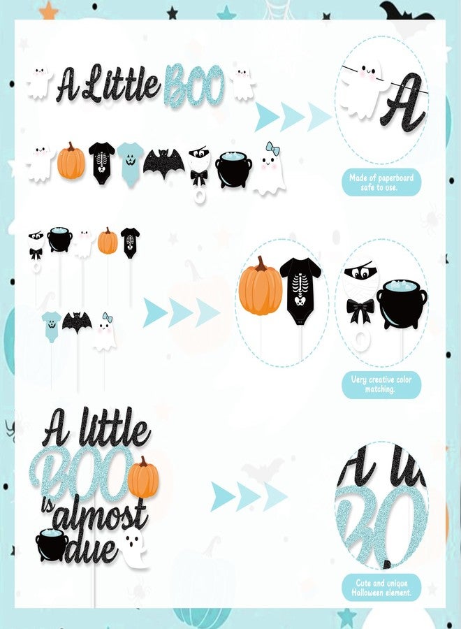 K KUMEED Blue Halloween Baby Shower Decorations, A Little Boo is Almost Due Banner,Cute Ghost Bat Pumpkin Cake Topper and Latex Balloons for kids Halloween Boo Baby Shower Party Supplies - Image 2