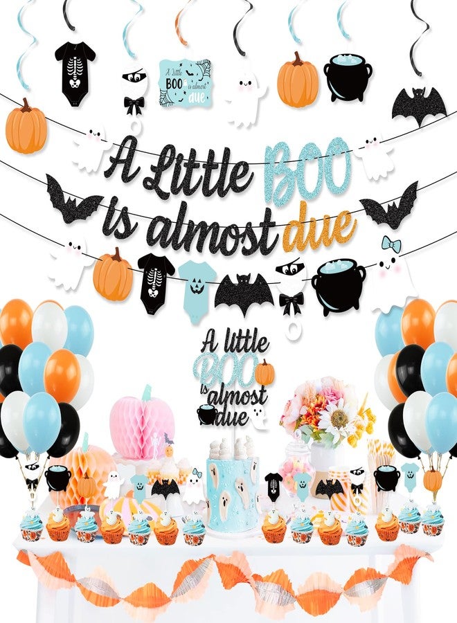 K KUMEED Blue Halloween Baby Shower Decorations, A Little Boo is Almost Due Banner,Cute Ghost Bat Pumpkin Cake Topper and Latex Balloons for kids Halloween Boo Baby Shower Party Supplies - Image 5