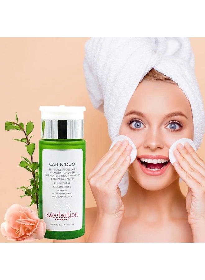 Sweetsation Therapy YUNASENCE CARIN'DUO Bi-Phase Micellar Makeup Remover for Regular and Waterproof Makeup. Eyes/Face/Lips, 4oz. 100% Natural. Silicone free. Cyclopentasiloxane free. - Image 4
