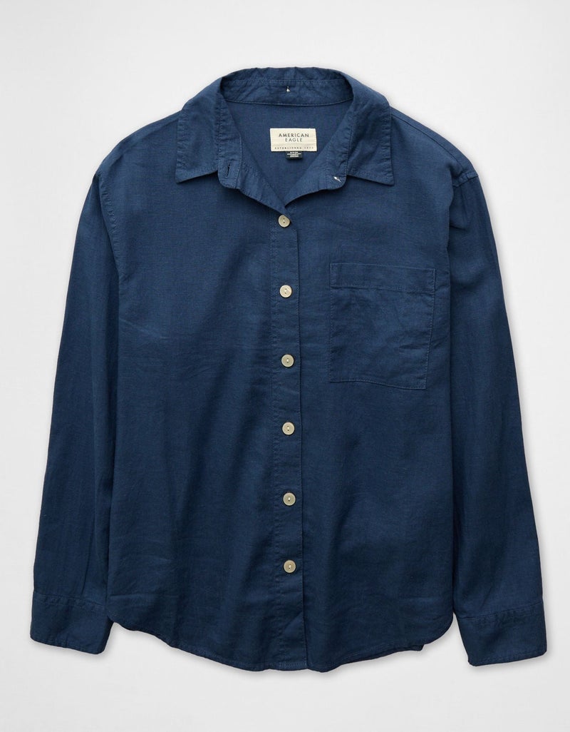 American Eagle AE Oversized Linen-Blend Button-Up Shirt - Image 3