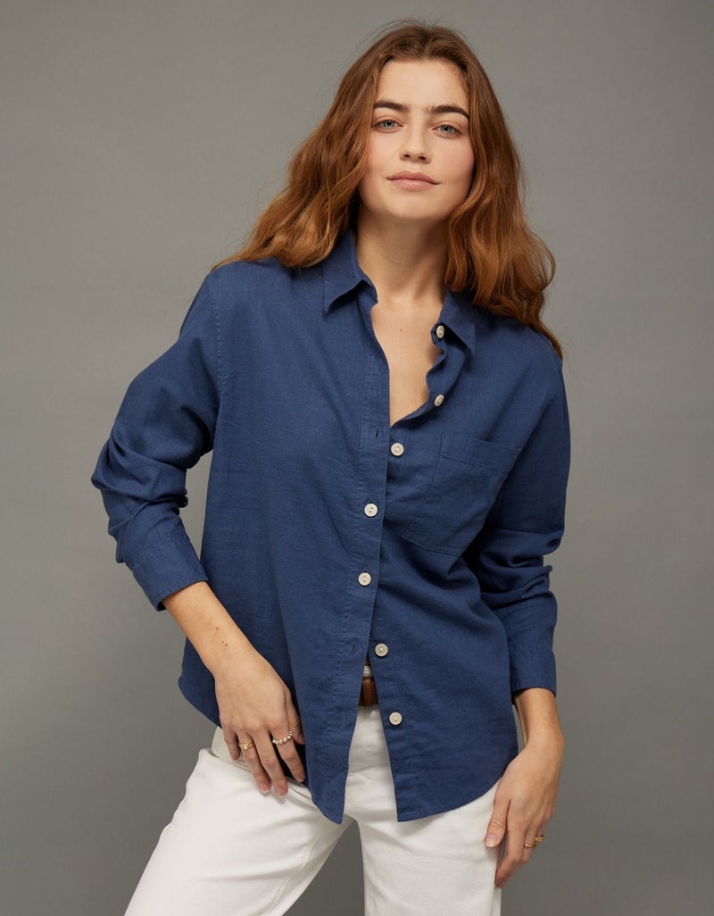 American Eagle AE Oversized Linen-Blend Button-Up Shirt - Image 1