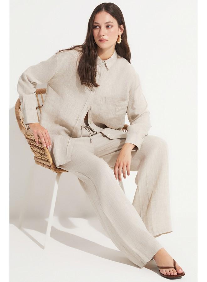 June Women Exclusive 100% Linen Wide Leg Trouser Stone - Image 2