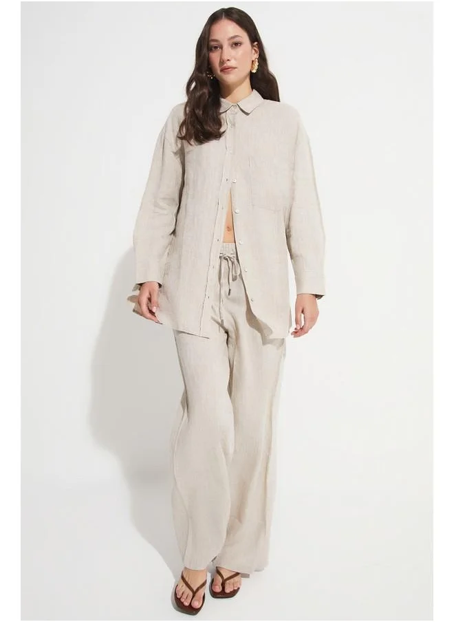 جون June Women Exclusive 100% Linen Wide Leg Trouser Stone