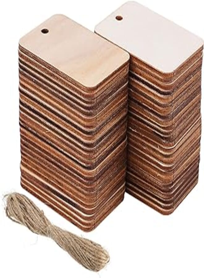 VORCOOL 50pcs Unfinished Blank Rectangle Wooden Hanging Tags Wood Pieces Pendants Ornaments with Rope for Birthday Party Wedding Decoration Gifts Organizing Arts Crafts 21.30.07inch