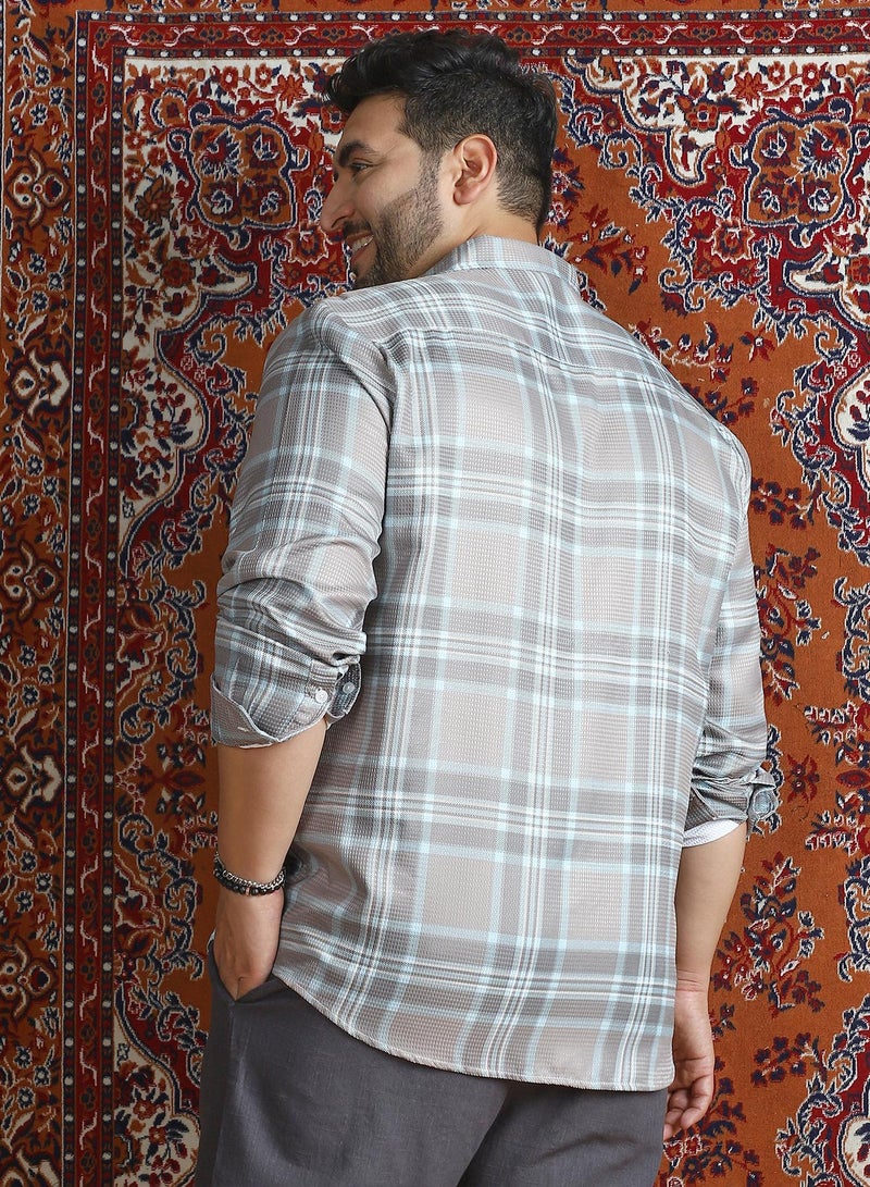 Instafab Plus Instafab Plus Men's Nude Pink & Cloud Grey Tartan Plaid Shirt For Casual Wear | Spread Collar | Long Cuffed Sleeves | Button Closure | Plus Size Shirt Crafted With Comfort Fit For Everyday Wear - Image 5
