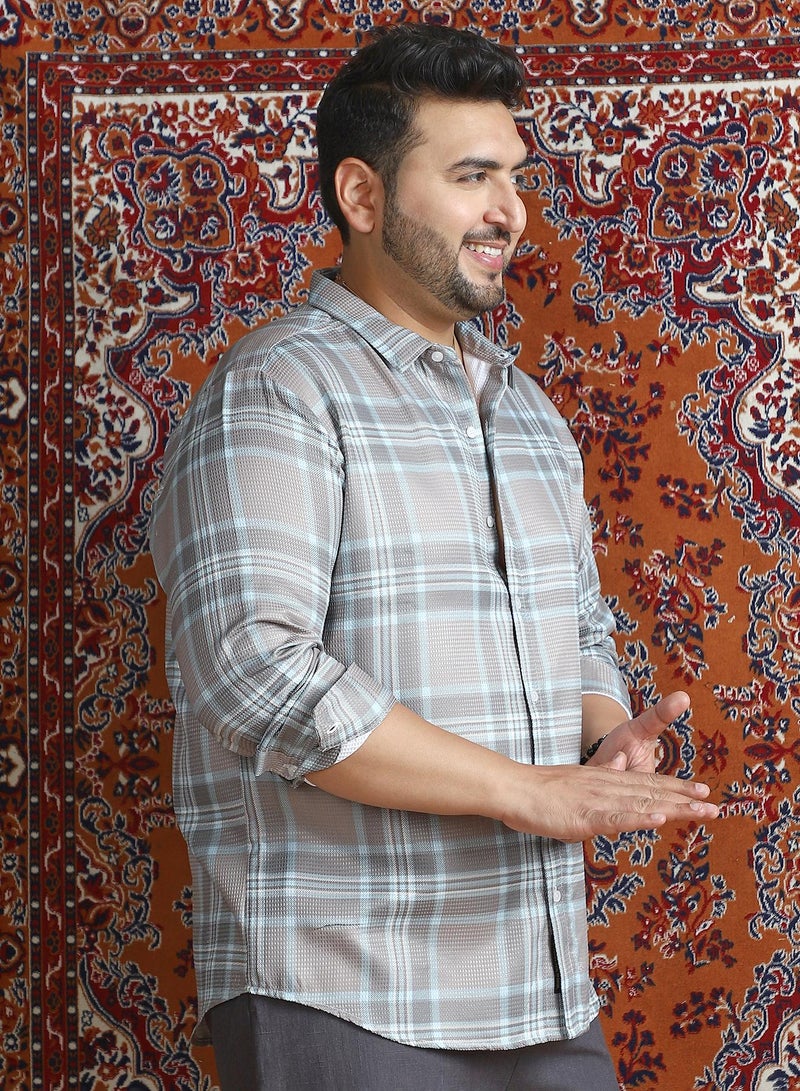 Instafab Plus Instafab Plus Men's Nude Pink & Cloud Grey Tartan Plaid Shirt For Casual Wear | Spread Collar | Long Cuffed Sleeves | Button Closure | Plus Size Shirt Crafted With Comfort Fit For Everyday Wear - Image 3