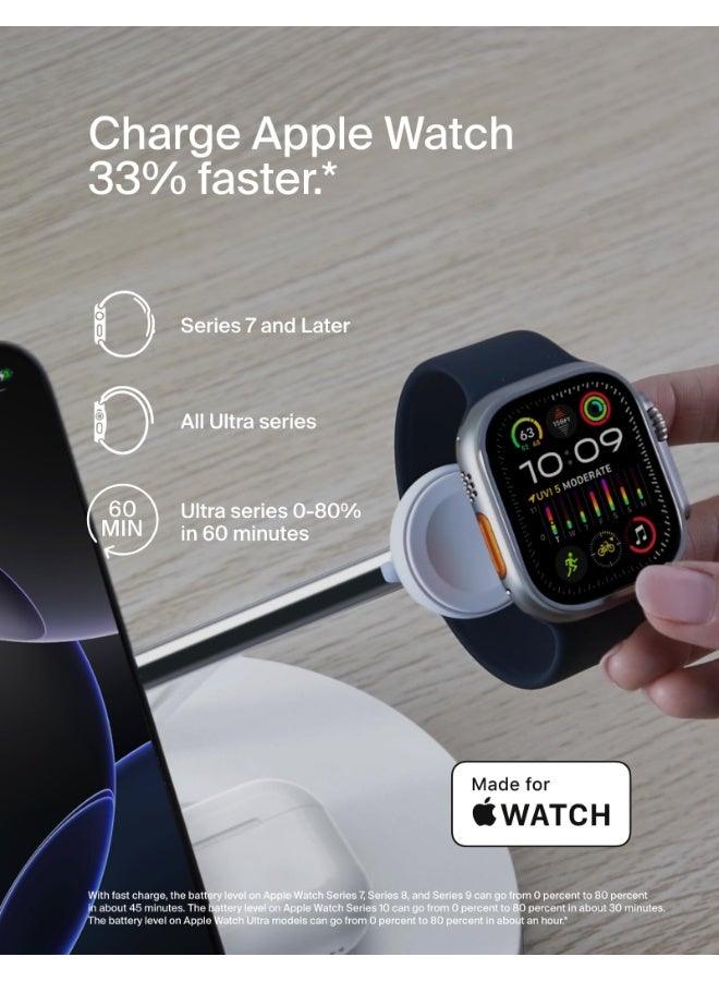 بيلكين BoostCharge Pro 3 في 1 | حامل شحن مغناطيسي لاسلكي مع Qi2 15 واط، مغناطيس قوي، شحن سريع لهواتف آبل وأندرويد، ساعة آبل 9/8/7 ألترا 2، يشمل مزود طاقة 40 واط - أبيض - Image 4